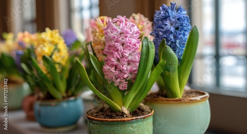 Colorful hyacinths in pots with green leaves and vibrant blooms in an indoor setting