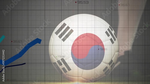 Data charts peaking athlete shifting and kicking Korean ball rolling with overlays visualizing data