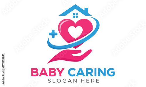 Baby Care Logo with House Heart Hand and Medical Symbol