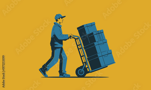 Delivery man pushing hand truck with boxes on yellow background