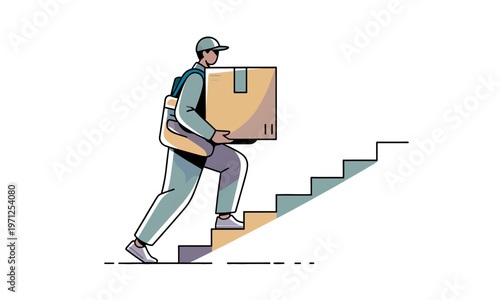 Delivery Courier Carrying a Cardboard Box Up the Stairs Illustration