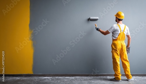 Construction worker painting wall with roller brush, wearing yellow overalls and helmet in a modern industrial setting
