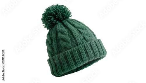 Dark green knitted wool beanie with fluffy pompom