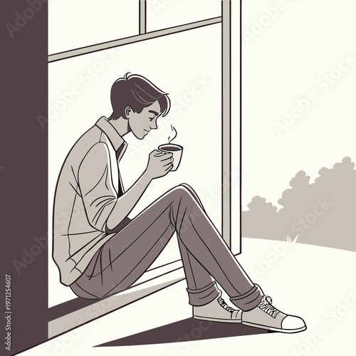 Young man enjoying a hot beverage while relaxing by sunny window sill in quiet