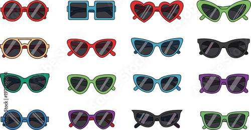 Trendy Sunglasses Vector Set Featuring Colorful Assorted Frame Shapes Including Heart Cat Eye and Round Styles for Summer Fashion and Retail Eyewear Designs