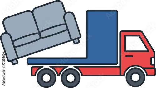Furniture delivery truck loading gray sofa for home relocation service