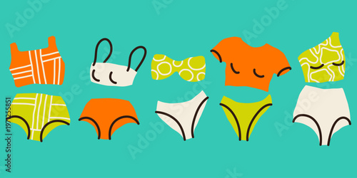 Set of stylish two-piece bikini illustrations in bright orange and lime on turquoise