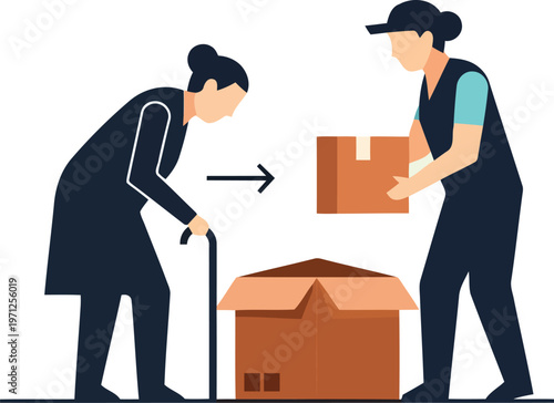 Senior relocation service with professional mover assisting elderly woman with packing boxes