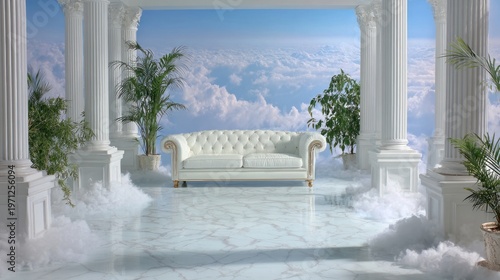 Elegant classical marble room featuring tall fluted columns, ornate white sofa, and lush green potted plants with large windows revealing a bright sky