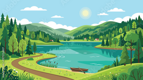 serene lakeside landscape with sunset and boat vector illustration