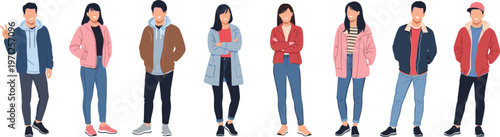 Professional Young People Vector Set Featuring Diverse Men and Women in Casual Winter Clothing Isolated on White Background for Fashion Designs