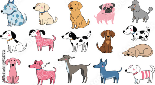 Large Set of Cute Dog Character Mascots and Puppy Illustrations in Various Breeds and Colors for Pet Care, Veterinary Clinic, and Animal Shelter DesignsLarge Set of Cute Dog Character Mascots and Pupp