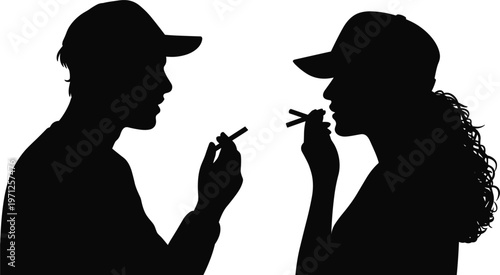 Smoking people silhouettes, man and woman with cigarettes profile view, unhealthy habit concept vector illustration