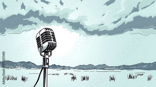 Vintage microphone against dramatic sky in a grassy field illustration