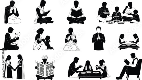 Vector Set of Silhouettes Depicting Family and Cultural Activities, Including Praying, Reading, Eating, and Bonding Moments
