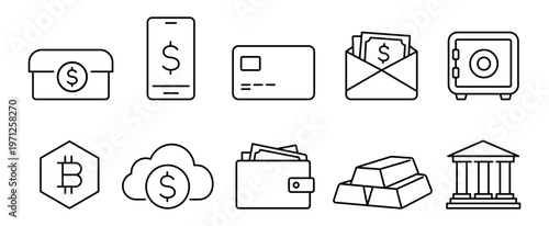 Money Storage Line Icons Set, Financial Security, Banking, Digital Wallet, Crypto, Gold, Cash Outline
