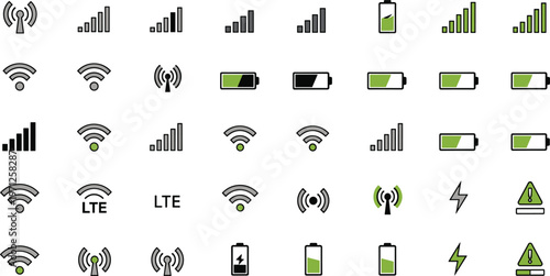 Mobile Status Bar Icon Vector Set Featuring Battery Life Cellular Signal Strength Wi-Fi Connection And LTE Indicators For Interface Graphic Designs