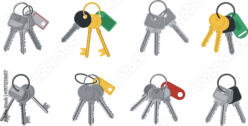 Metal Door Key Ring Vector Set Featuring Assorted House Keys with Colorful Identification Tags for Real Estate Security and Locksmith Graphic Designs