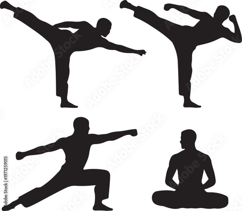 Minimalist black silhouettes of people dancing and sitting