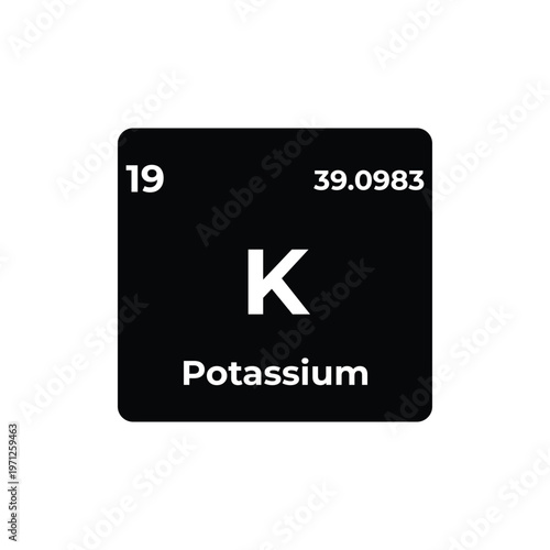 A simple, minimalist periodic table tile for the element Potassium, displayed in white on a black rounded square background, featuring its symbol, atomic number, and weight. For commercial use.