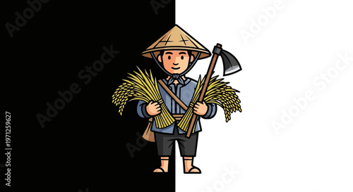 A cartoon farmer holding wheat and tools.