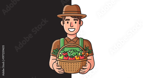 Cartoon farmer holding vegetable basket.