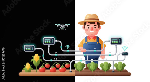 Smart farming technology concept with farmer and drone.