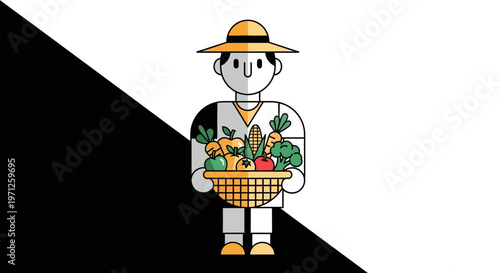 Cartoon farmer holding vegetable basket.