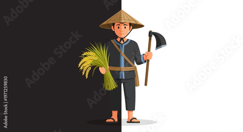 A cartoon farmer holding rice plants.