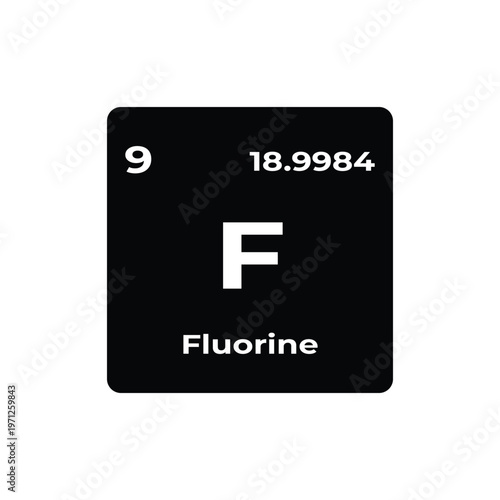 Fluorine periodic table element tile showing symbol F, atomic number 9, and atomic mass 18.9984 on a minimalist black square design representing a halogen chemical element.