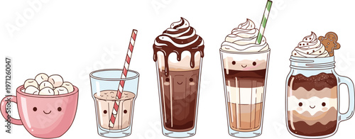 Set of Cute Kawaii Dessert Beverages and Coffee Drinks with Toppings and Straws for Cafe Menu, Sweet Shop Branding, and Playful Food Illustration DesignsSet of Cute Kawaii Dessert Beverages and Coffee