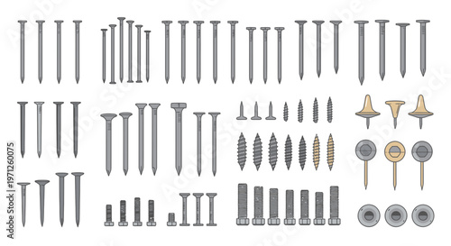 Assortment of Metal Fasteners, Nails, Screws, and Bolts for Construction
