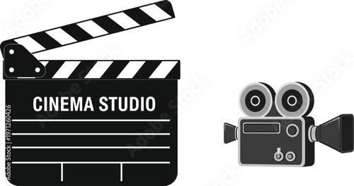 Cinema studio elements with clapperboard and vintage film camera, movie production icons in flat vector illustration