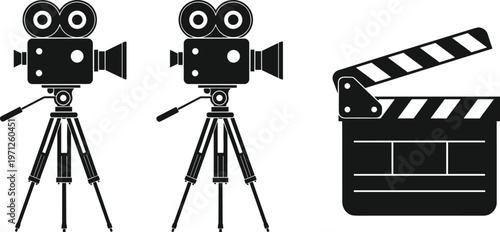 Vintage film camera and clapperboard set with tripod equipment, cinema production icons in black vector illustration