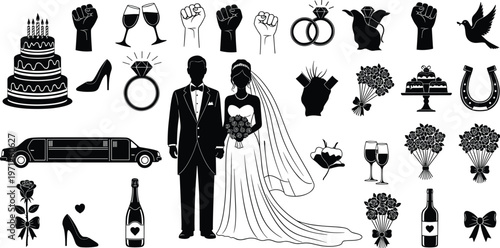 Black Silhouette Icons Of Wedding Elements And A Bride And Groom Keywords: wedding, icons, silhouette, bride, groom, marriage, love
