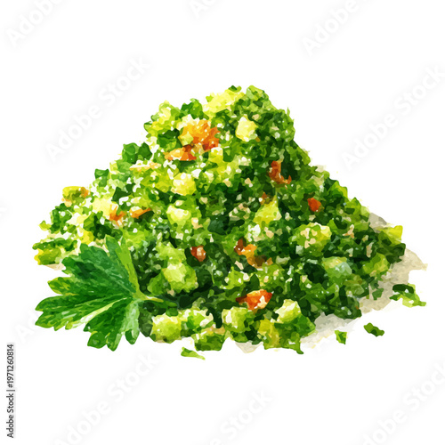 Tabbouleh Salad watercolor vector, hand-painted style, high-quality illustration isolated on white background.