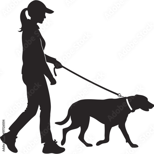 Woman Walking Dog Silhouette Vector Icon Side View