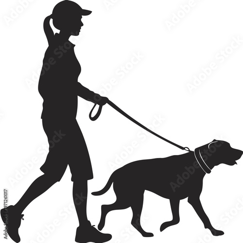 Woman Walking Dog Silhouette Vector Icon Side View