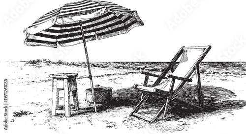 A vector illustration of a classic striped beach umbrella shading a lounge chair. This vector illustration can be used in any size you like for advertising, logos, and other work.
