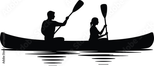 Silhouette of a Couple Canoeing on Water with Reflections on White Background boat