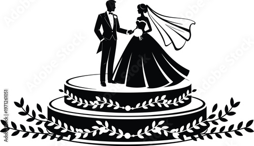 Silhouette of a bride and groom on a two-tiered wedding cake with floral decorations wedding cake topper