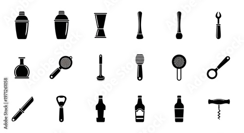 Black icons of bar tools and bottles.