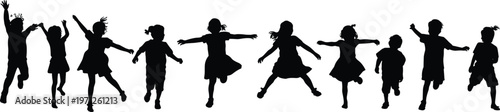 Silhouettes of diverse children running and jumping joyfully on a white background kids