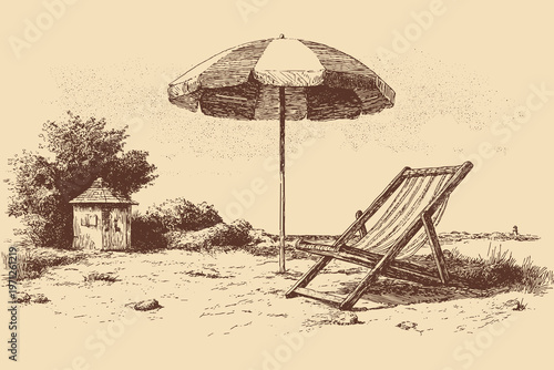 A vector illustration of a classic striped beach umbrella shading a lounge chair. This vector illustration can be used in any size you like for advertising, logos, and other work.
