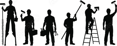 Silhouettes of Painters and Workers with Tools on White Background painting
