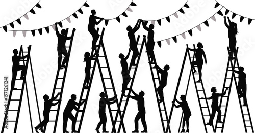 Silhouettes of People on Ladders Decorating with Bunting on White Background vector illustration