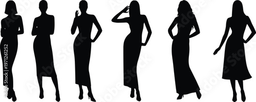 Six female silhouettes in elegant long dresses posing women fashion