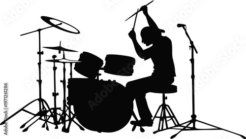 Drummer Playing Drum Kit Silhouette Vector Icon Music Band