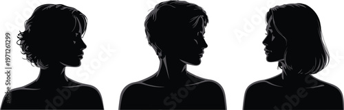 Three female profile silhouettes with different hairstyles and necklines woman head