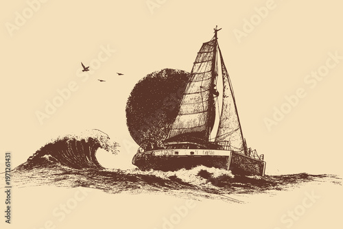 Canvas-taulu A modern sailing catamaran sailing across the ocean, vector illustration